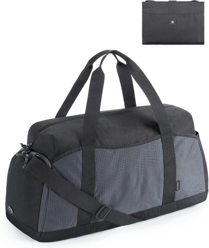 Foldable Duffle Bag for Women - 35L Carry On Weekender Overnight Sports Duffel with Shoe Compartment, Personal Item Travel Workout Bag for Travel Yoga, Black